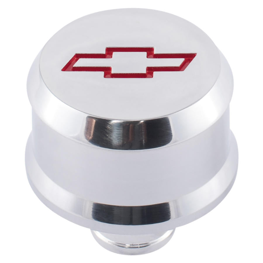 Slant-Edge Aluminum Push-In Air Breather Cap Polished Finish Recessed Red Bowtie Emblem Proform Engine Crankcase Breather Cap ProForm
