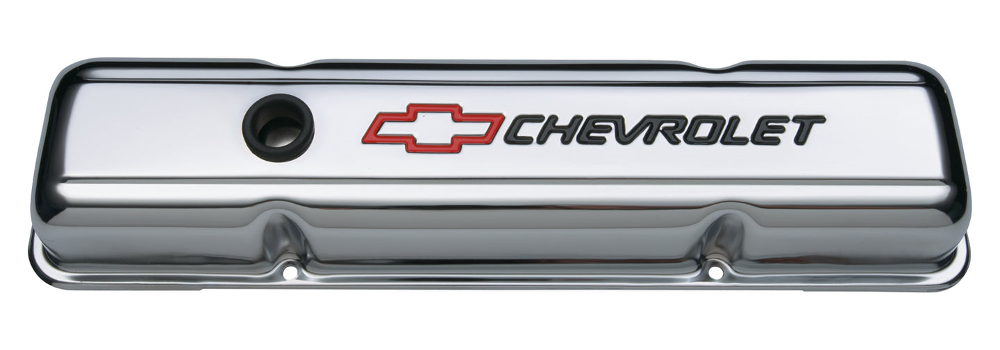 Engine Valve Covers Stamped Steel Short Chrome w/ Bowtie Logo Fits SB Chevy Embossed Black Chevrolet & Red Bowtie Logos Chevrolet Performance Parts Engine Valve Cover ProForm