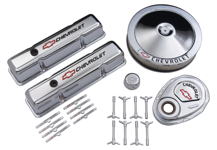 Engine Dress-Up Kit Chrome w/Red Chevy Logo Fits SB Block Chevy Engines Tall Chrome Chevrolet Performance Parts Engine Dress Up Kit ProForm