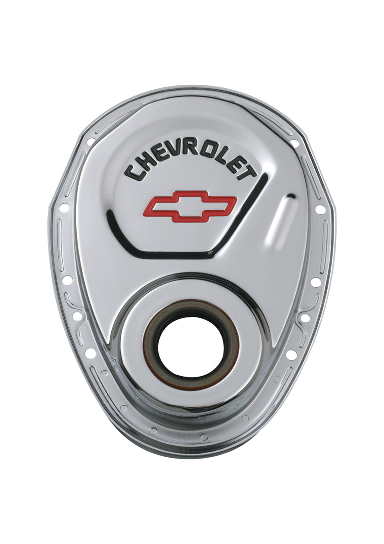 Timing Chain Cover Chrome Steel With Chevy and Bowtie Logo Red SB Chevy 69-91 Chevrolet Performance Parts Engine Timing Cover ProForm