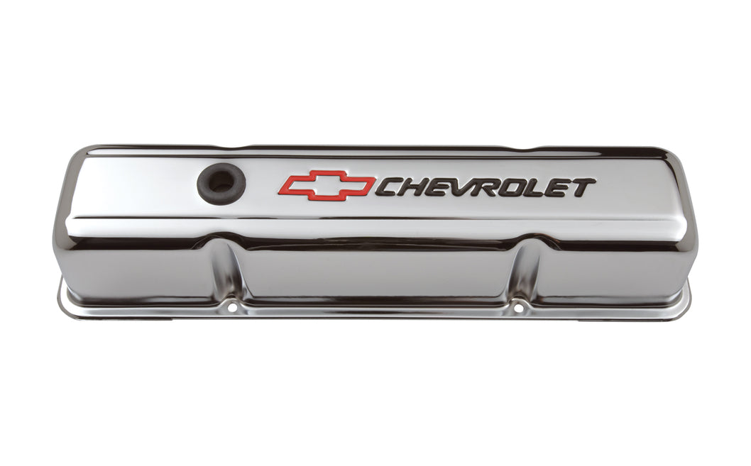 Engine Valve Covers Stamped Steel Tall Chrome w/ Bowtie Logo Fits SB Chevy Embossed Black Chevrolet & Red Bowtie Logos Chevrolet Performance Parts Engine Valve Cover ProForm