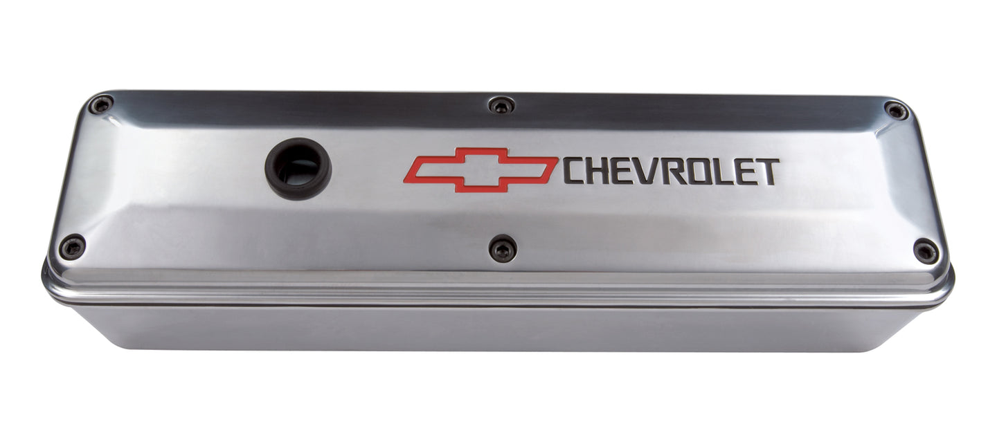 Engine Valve Cover 2 Piece Tall Style Die Cast Polish w/Bowtie Logo SB Chevy Recessed Black Chevrolet & Red Bowtie Logos Chevrolet Performance Parts Engine Valve Cover ProForm