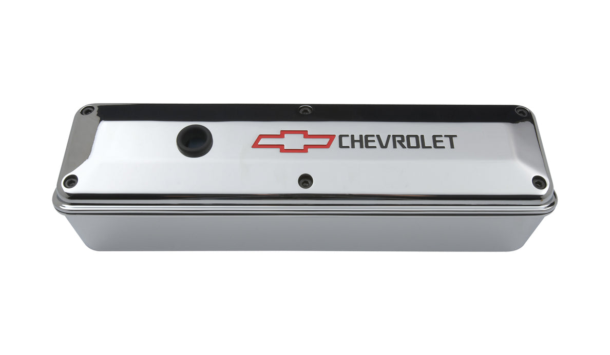 Engine Valve Covers 2 Piece Tall Style Die Cast Chrome w/Bowtie LogoSB Chevy Recessed Black Chevrolet & Red Bowtie Logos Chevrolet Performance Parts Engine Valve Cover ProForm