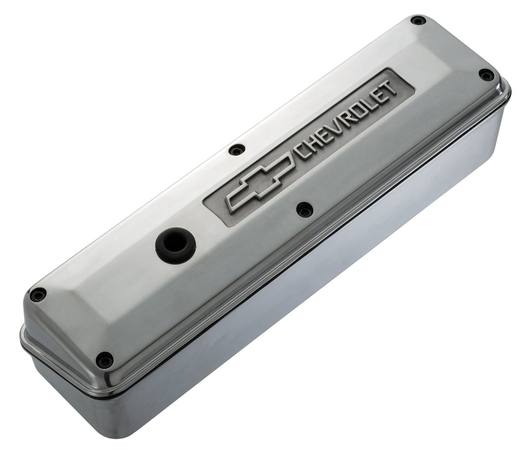 Engine Valve Cover 2 Piece Tall Style Die Cast Polish w/Bowtie Logo SB Chevy Raised Chevrolet & Bowtie Logos Chevrolet Performance Parts Engine Valve Cover ProForm