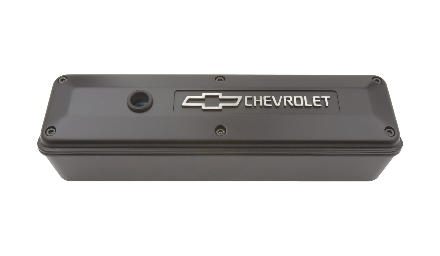 Engine Valve Cover 2 Piece Tall Style Die Cast Black w/Bowtie Logo SB Chevy Raised Chevrolet & Bowtie Logos Chevrolet Performance Parts Engine Valve Cover ProForm