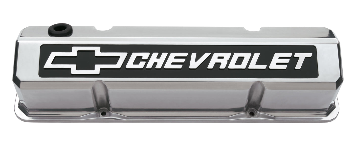 Valve Covers Slant Edge Tall Die Cast Polished w/Raised Bowtie Logo SB Chevy Raised Chevrolet & Bowtie Logos Chevrolet Performance Parts Engine Valve Cover ProForm