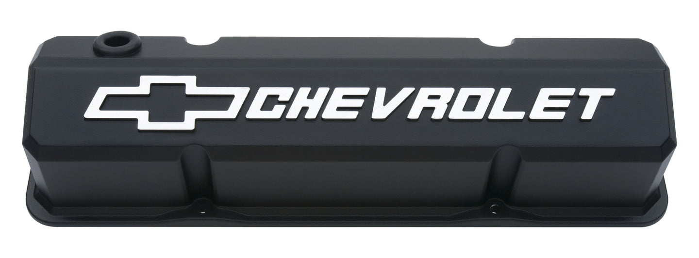 Valve Covers Slant Edge Tall Die Cast Black W/Raised Bowtie Logo SB Chevy Raised Chevrolet & Bowtie Logos Chevrolet Performance Parts Engine Valve Cover ProForm
