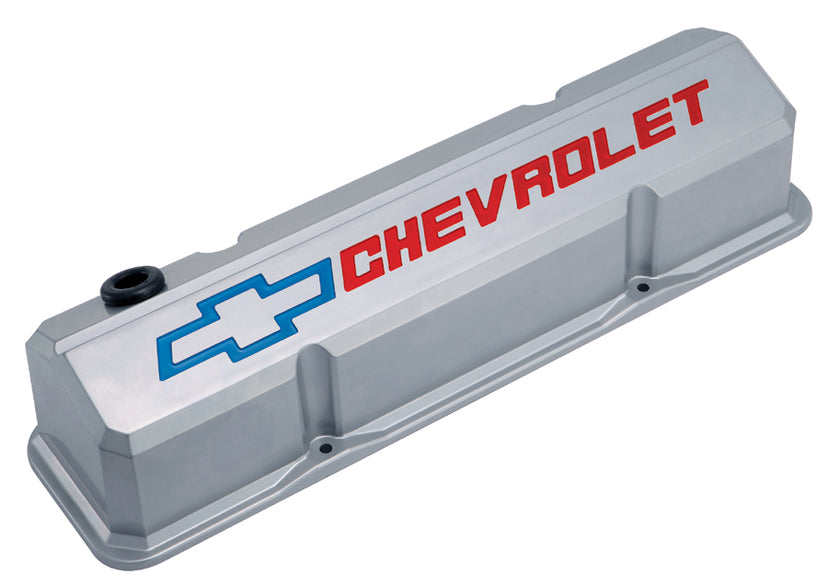 Valve Covers Slant Edge Tall Die Cast Gray w/Recessed Bowtie Logo SB Chevy Recessed Red Chevrolet & Blue Bowtie Logos Chevrolet Performance Parts Engine Valve Cover ProForm