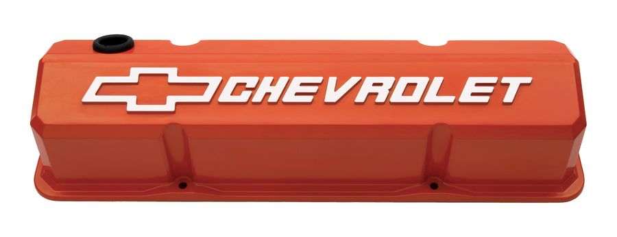 Valve Covers Slant Edge Tall Die Cast Orange W/Raised Bowtie Logo SB Chevy Raised Chevrolet & Bowtie Logos Chevrolet Performance Parts Engine Valve Cover ProForm