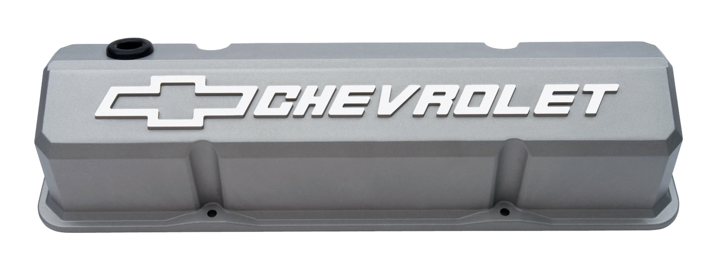 Valve Covers Slant Edge Tall Die Cast Gray w/Raised Bowtie Logo For SB Chevy Raised Chevrolet & Bowtie Logos Chevrolet Performance Parts Engine Valve Cover ProForm