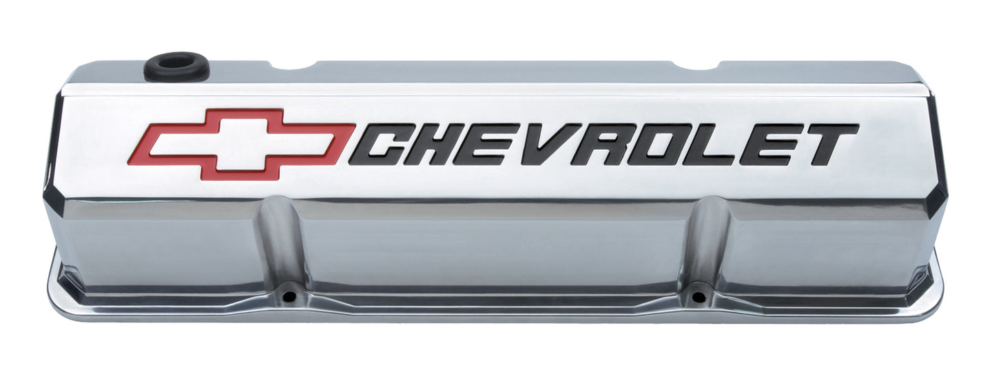 Valve Covers Slant Edge Tall Die Cast Polish w/Recessed Bowtie Logo SB Chevy Recessed Black Chevrolet & Red Bowtie Logos Chevrolet Performance Parts Engine Valve Cover ProForm