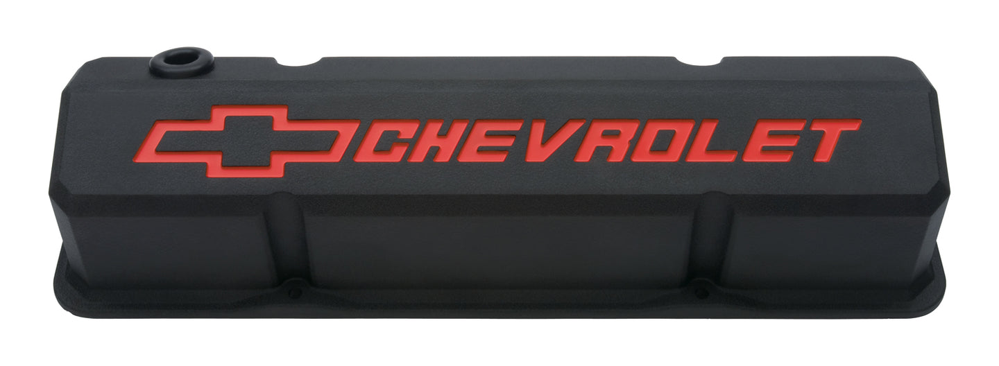 Valve Covers Slant Edge Tall Die Cast Black w/Recessed Bowtie Logo SB Chevy Recessed Red Chevrolet & Bowtie Logos Chevrolet Performance Parts Engine Valve Cover ProForm