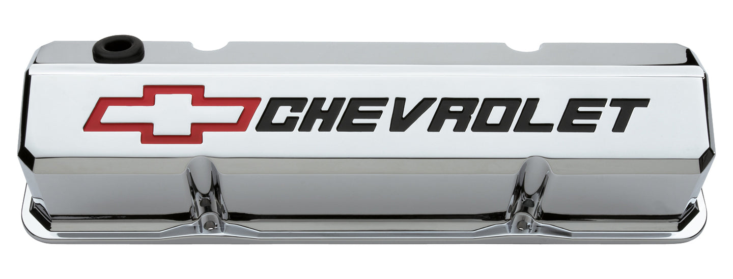 Valve Covers Slant Edge Tall Die Cast Chrome w/Recessed Bowtie Logo SB Chevy Recessed Black Chevrolet & Red Bowtie Logos Chevrolet Performance Parts Engine Valve Cover ProForm