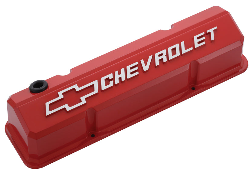 Valve Covers Slant Edge Tall Die Cast Red W/Raised Bowtie Logo SB Chevy Raised Chevrolet & Bowtie Logos Chevrolet Performance Parts Engine Valve Cover ProForm