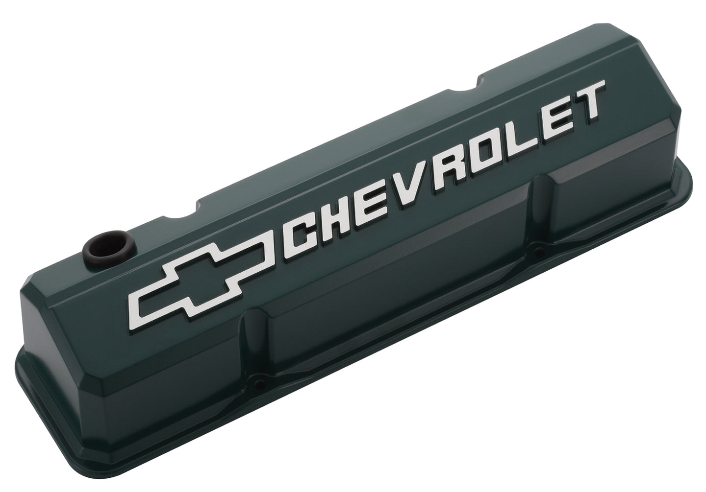 Valve Covers Slant Edge Tall Die Cast Green W/Raised Bowtie Logo SB Chevy Raised Chevrolet & Bowtie Logos Chevrolet Performance Parts Engine Valve Cover ProForm