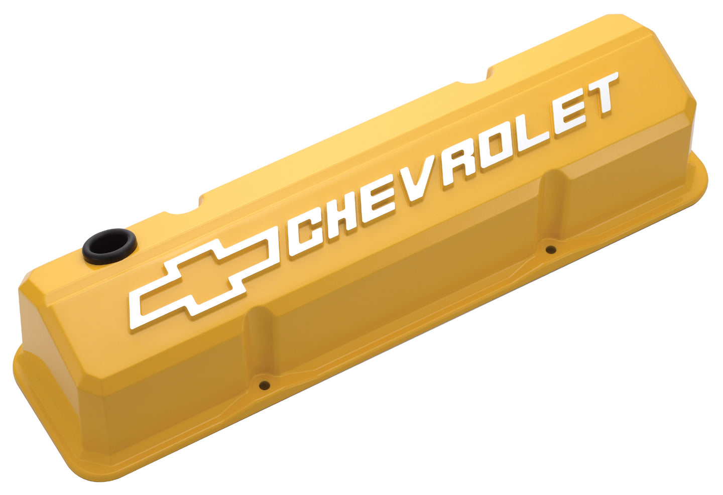 Valve Covers Slant Edge Tall Die Cast Yellow W/Raised Bowtie Logo SB Chevy Raised Chevrolet & Bowtie Logos Chevrolet Performance Parts Engine Valve Cover ProForm