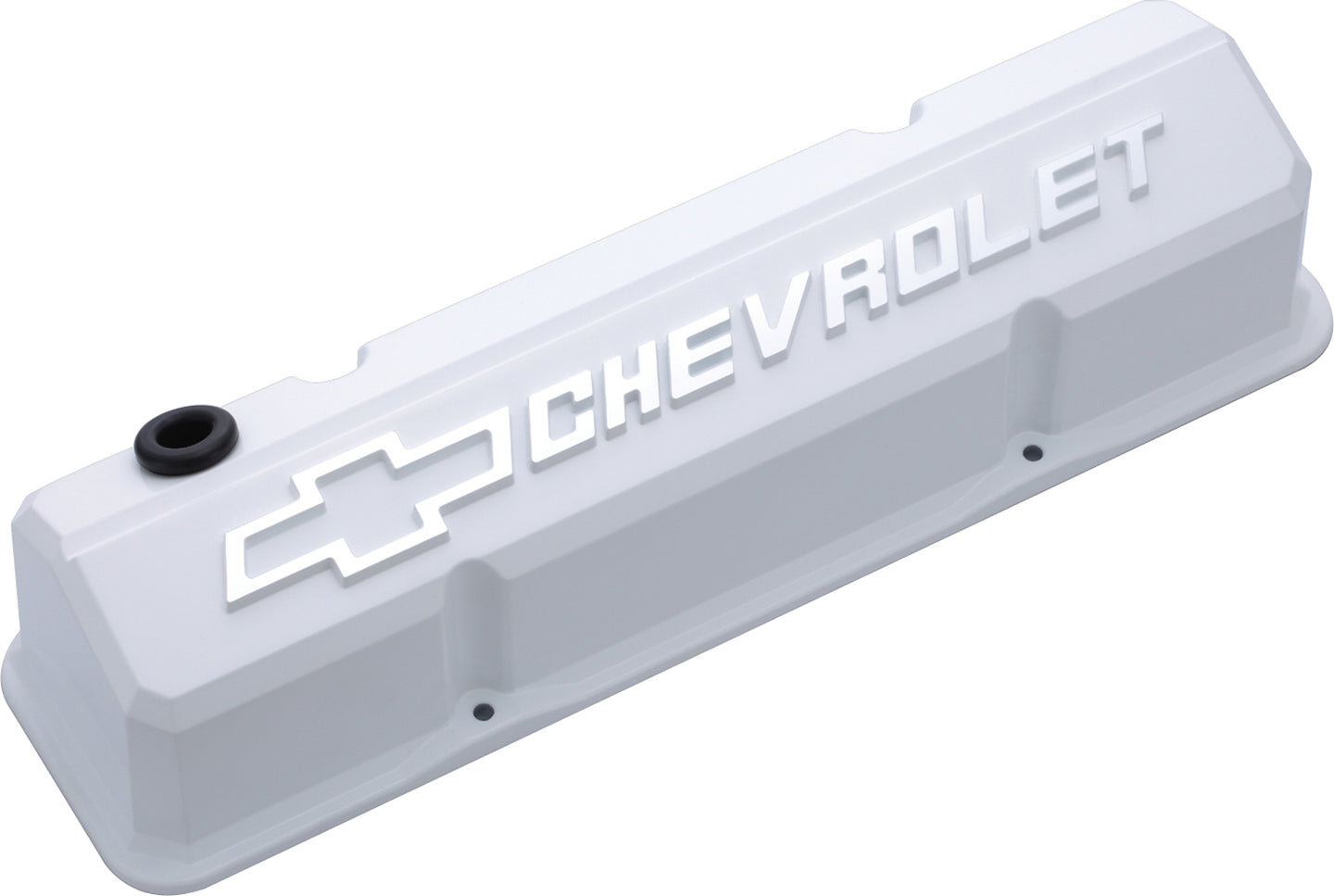 Valve Covers Slant Edge Tall Die Cast White W/Raised Bowtie Logo SB Chevy Raised Chevrolet & Bowtie Logos Chevrolet Performance Parts Engine Valve Cover ProForm