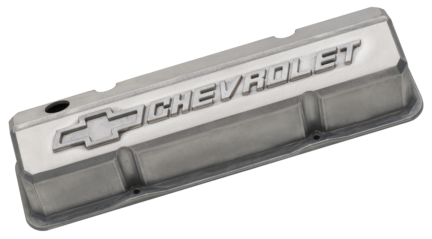 Valve Covers Slant Edge Tall Alum Unpolished W/Raised Bowtie Logo SB Chevy Raised Chevrolet & Bowtie Logos Chevrolet Performance Parts Engine Valve Cover ProForm