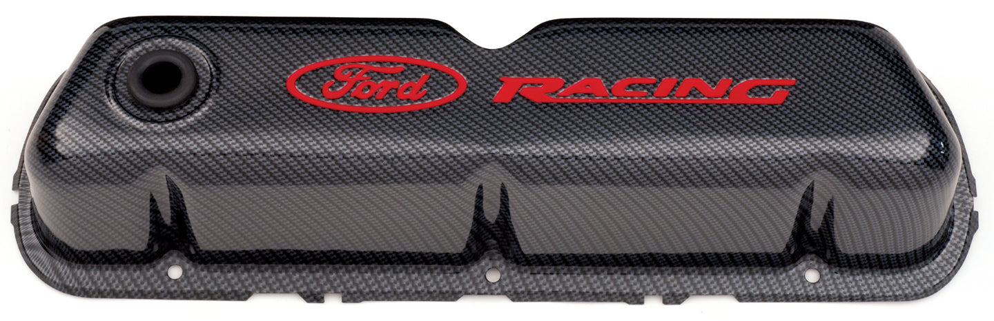 Engine Valve Covers Tall Style Steel Carbon with Ford Logo For SB Ford Recessed Red Ford Racing Logo Ford Racing Engine Valve Cover ProForm