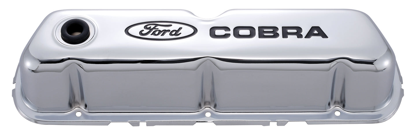 Engine Valve Covers Tall Style Steel Chrome with Cobra Logo For SB Ford Recessed Black Ford COBRA Logo Ford Racing Engine Valve Cover ProForm