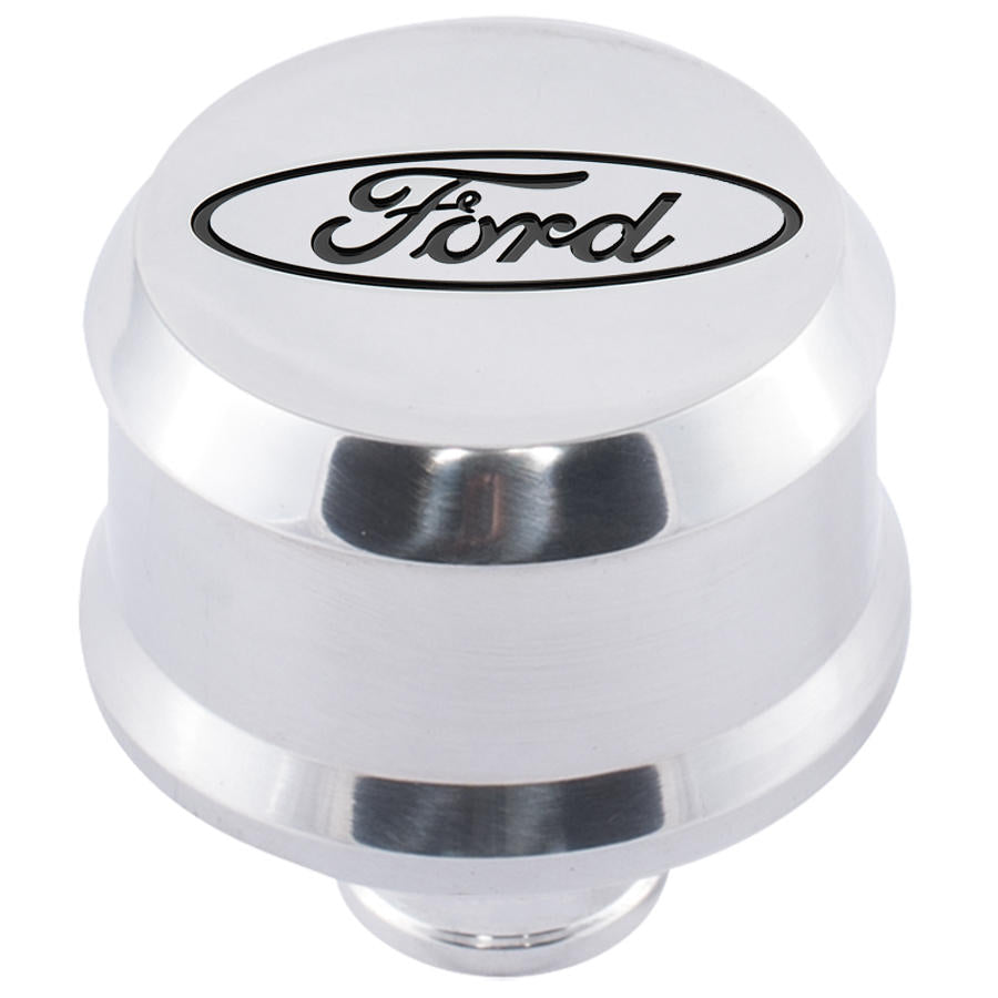 Slant-Edge Aluminum Push-In Air Breather Cap Polished Finish Recessed Black Oval Ford Emblem Proform Engine Crankcase Breather Cap ProForm