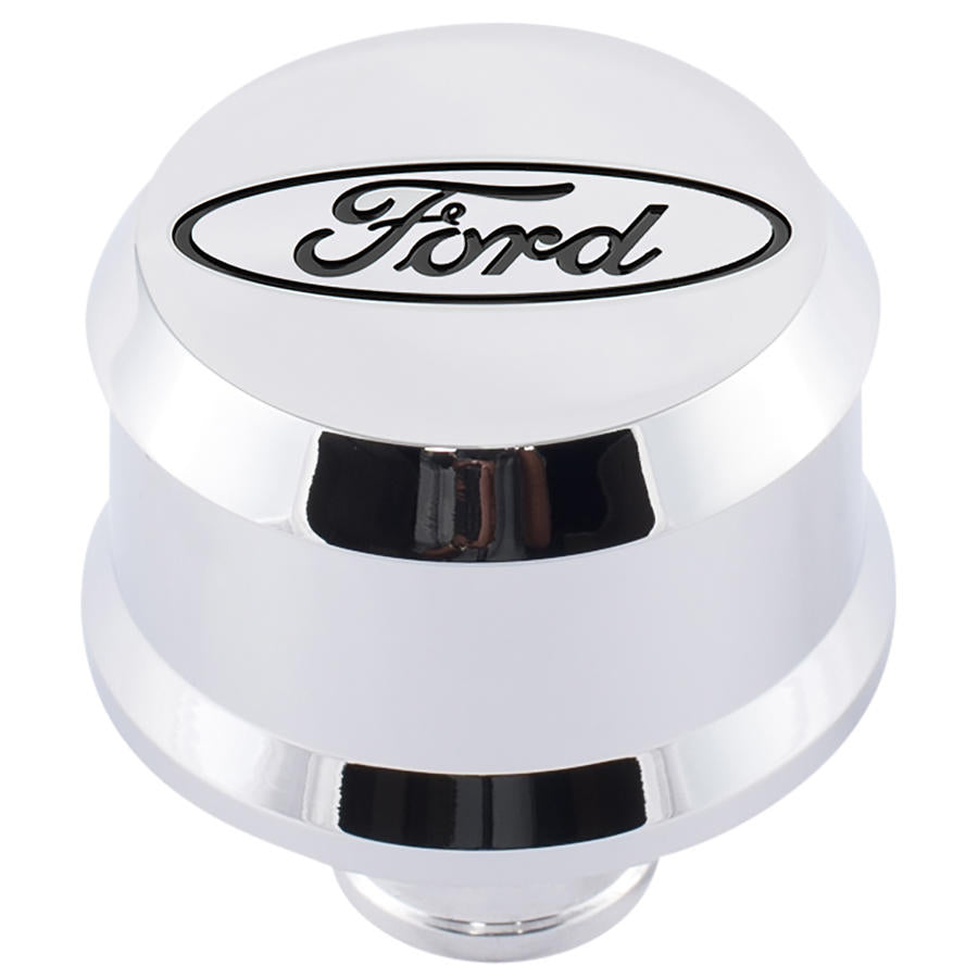 Slant-Edge Aluminum Push-In Air Breather Cap Chrome Finish Recessed Black Oval Ford Emblem Proform Engine Crankcase Breather Cap ProForm