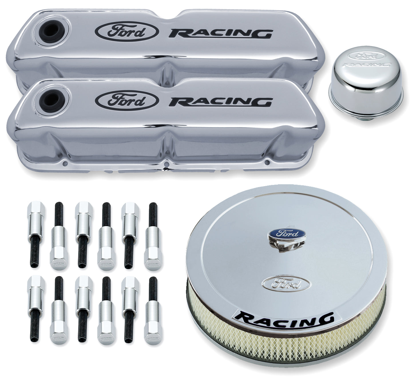 Engine Dress-Up Kit Chrome w/Black Ford Racing Logo Fits SB Ford Engines Stock Chrome Ford Racing Engine Dress Up Kit ProForm
