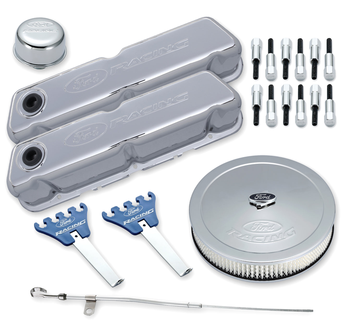 Engine Dress-Up Kit Chrome w/Embossed Ford Racing Logo Fits SB Ford Engines Stock Chrome Ford Racing Engine Dress Up Kit ProForm
