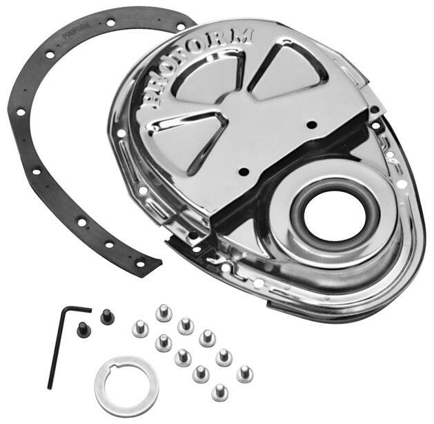 Engine Timing Chain Cover Chrome Steel Two-Piece Style Fits SB Chevy Proform Engine Timing Cover ProForm