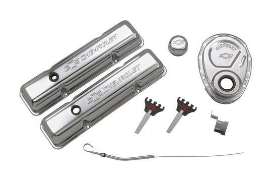 Engine Dress-Up Kit Chrome with Stamped Chevy Logo Fits SB Block Chevy Engines Stock Chrome No Valve Cover Faster Title Chevrolet Performance Parts Engine Dress Up Kit ProForm   