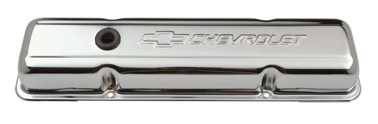 Engine Valve Covers Stamped Steel Short Chrome w/ Bowtie Logo Fits SB Chevy Embossed Chevrolet & Bowtie Logos Chevrolet Performance Parts Engine Valve Cover ProForm