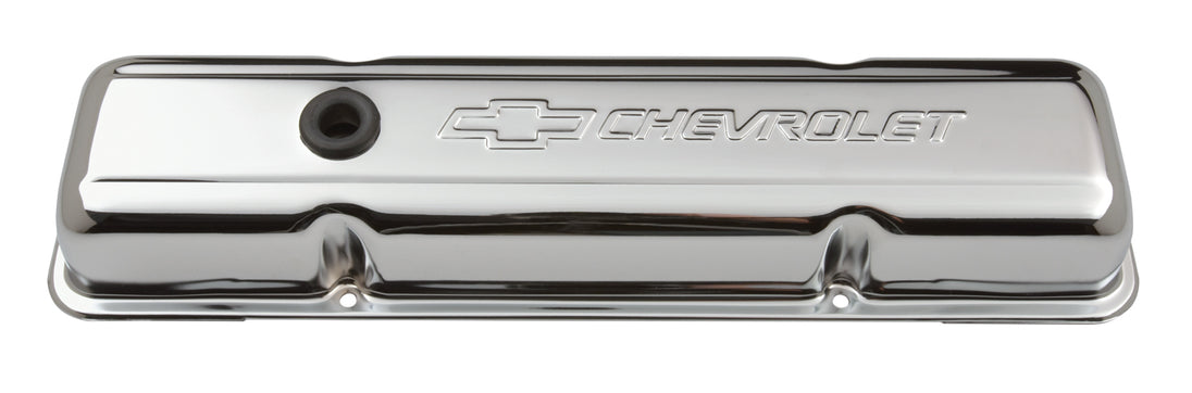 Engine Valve Covers Stamped Steel Short Chrome w/ Bowtie Logo Fits SB Chevy Embossed Chevrolet & Bowtie Logos Chevrolet Performance Parts Engine Valve Cover ProForm   