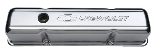 Engine Valve Covers Stamped Steel Tall Chrome With Baffle Bowtie Logo Fits SB Chevy Embossed Chevrolet & Bowtie Logos Chevrolet Performance Parts Engine Valve Cover ProForm   