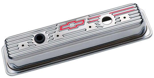 Engine Valve Covers Center Bolt Style Steel Chrome Tall w/Bowtie Logo SB Chevy Embossed Red Bowtie Logo Chevrolet Performance Parts Engine Valve Cover ProForm
