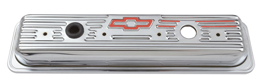 Engine Valve Covers Center Bolt Style Steel Chrome Short With Baffle Bowtie Logo SB Chevy Embossed Red Bowtie Logo Chevrolet Performance Parts Engine Valve Cover ProForm