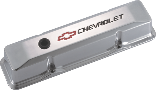 Engine Valve Covers Tall Style Die Cast Polished with Bowtie Logo SB Chevy Recessed Black Chevrolet & Red Bowtie Logos Chevrolet Performance Parts Engine Valve Cover ProForm
