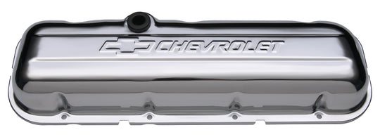 Engine Valve Covers Stamped Steel Short Chrome w/ Bowtie Logo Fits BB Chevy Embossed Chevrolet & Bowtie Logos Chevrolet Performance Parts Engine Valve Cover ProForm
