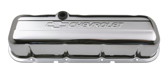 Engine Valve Covers Stamped Steel Tall Chrome w/ Bowtie Logo Fits BB Chevy Embossed Chevrolet & Bowtie Logos Chevrolet Performance Parts Engine Valve Cover ProForm