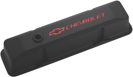 Engine Valve Covers Tall Style Die Cast Black with Bowtie Logo Fits SB Chevy Recessed Red Chevrolet & Bowtie Logos Chevrolet Performance Parts Engine Valve Cover ProForm