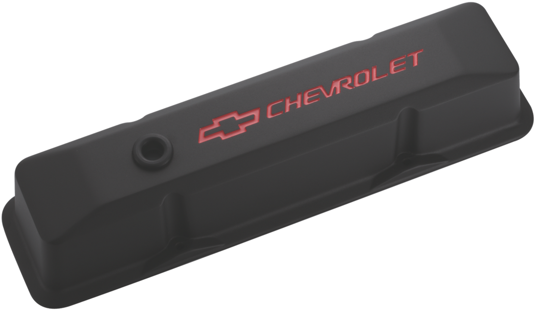 Engine Valve Covers Tall Style Die Cast Black with Bowtie Logo Fits SB Chevy Recessed Red Chevrolet & Bowtie Logos Chevrolet Performance Parts Engine Valve Cover ProForm   