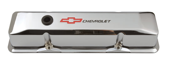 Engine Valve Covers Tall Style Die Cast Chrome with Bowtie Logo For SB Chevy Recessed Black Chevrolet & Red Bowtie Logos Chevrolet Performance Parts Engine Valve Cover ProForm