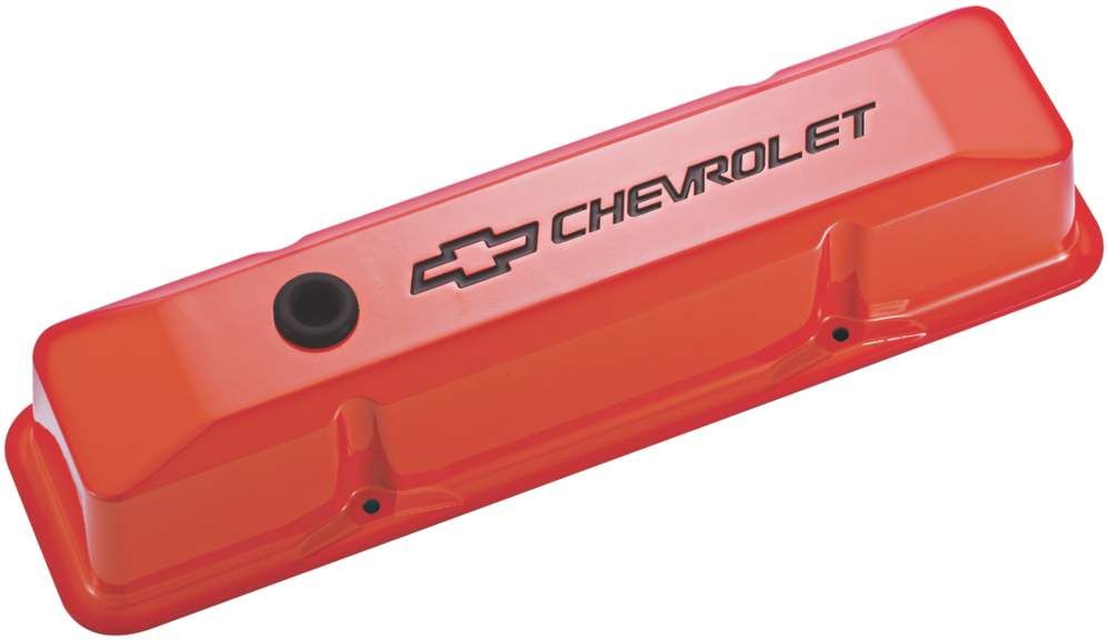 Chevrolet & Bowtie Emblem Die-Cast Valve Covers Recessed Emblem Orange Recessed Black Chevrolet & Bowtie Logos Chevrolet Performance Parts Engine Valve Cover ProForm   