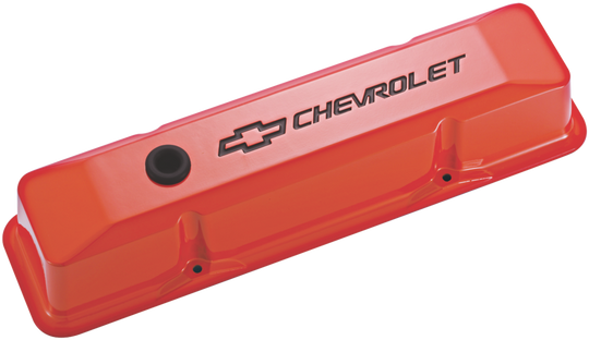 Chevrolet & Bowtie Emblem Die-Cast Valve Covers Recessed Emblem Orange Recessed Black Chevrolet & Bowtie Logos Chevrolet Performance Parts Engine Valve Cover ProForm   