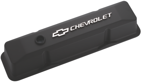 Chevrolet & Bowtie Emblem Die-Cast Valve Covers Raised Emblem Black Crinkle Raised Chevrolet & Bowtie Logos Chevrolet Performance Parts Engine Valve Cover ProForm   