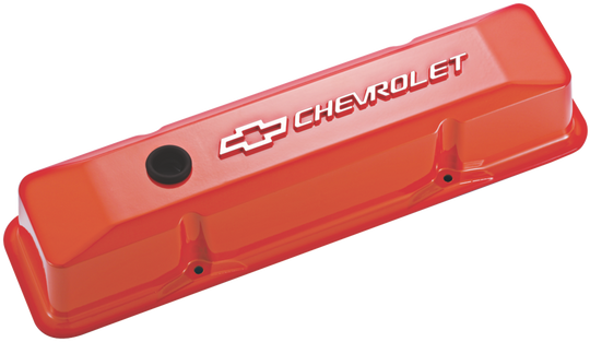 Chevrolet & Bowtie Emblem Die-Cast Valve Covers Raised Emblem Orange Raised Chevrolet & Bowtie Logos Chevrolet Performance Parts Engine Valve Cover ProForm   