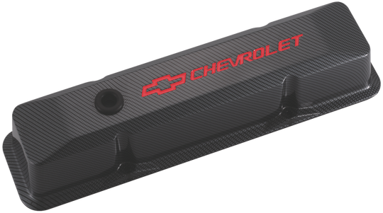 Chevrolet & Bowtie Emblem Die-Cast Valve Covers Recessed Red Carbon Style Recessed Red Chevrolet & Bowtie Logos Chevrolet Performance Parts Engine Valve Cover ProForm   