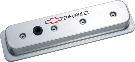Engine Valve Covers Center Bolt Style Die Cast Polish w/Bowtie Logo SB Chevy Recessed Black Chevrolet & Red Bowtie Logos Chevrolet Performance Parts Engine Valve Cover ProForm