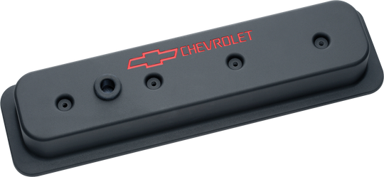 Engine Valve Covers Center Bolt Style Die Cast Black w/ Bowtie Logo SB Chevy Recessed Red Chevrolet & Bowtie Logos Chevrolet Performance Parts Engine Valve Cover ProForm
