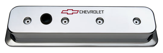 Engine Valve Covers Center Bolt Style Die Cast Chrome w/Bowtie Logo SB Chevy Recessed Black Chevrolet & Red Bowtie Logos Chevrolet Performance Parts Engine Valve Cover ProForm