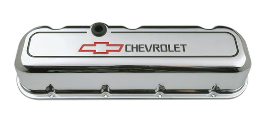 Engine Valve Covers Tall Style Die Cast Chrome with Bowtie Logo BB Chevy Recessed Black Chevrolet & Red Bowtie Logos Chevrolet Performance Parts Engine Valve Cover ProForm